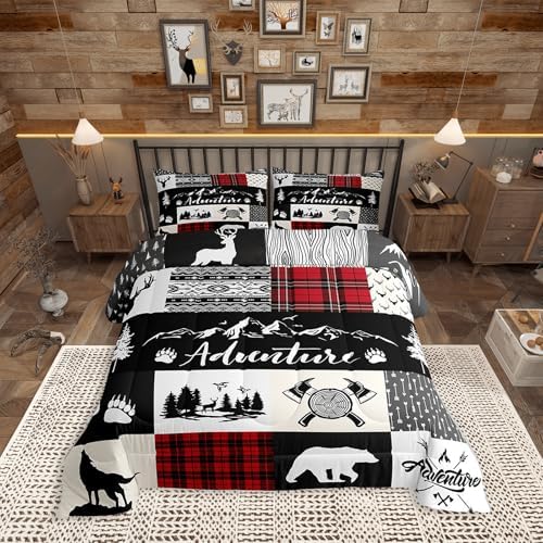 Castle Fairy Bear Deer Kids Full Size Comforter Set,Hunt Arrow Adventure Wildlife Patchwork Bedding Comforters Bedroom Collection,Red Check Boho Aztec Cabin Decor Bedding Set for Girls Teens