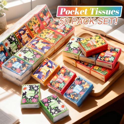 Outus 50 Pac Floral Bless You Pocket Tissues Travel Size, 3 Ply Small Unscented Facial Tissues Packs, Soft & Gentle Purse Tissue for Travel, Wedding, Back to School Supplies, 400 Sheets Total