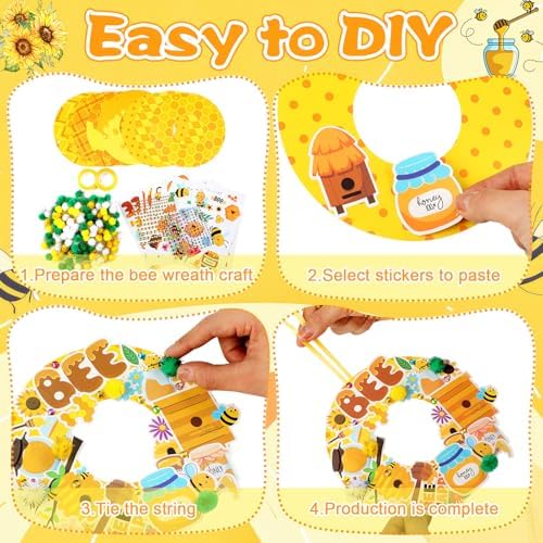 Hollowfly 48 Sets Bee Craft Kits DIY Summer Wreath with Honey Stickers