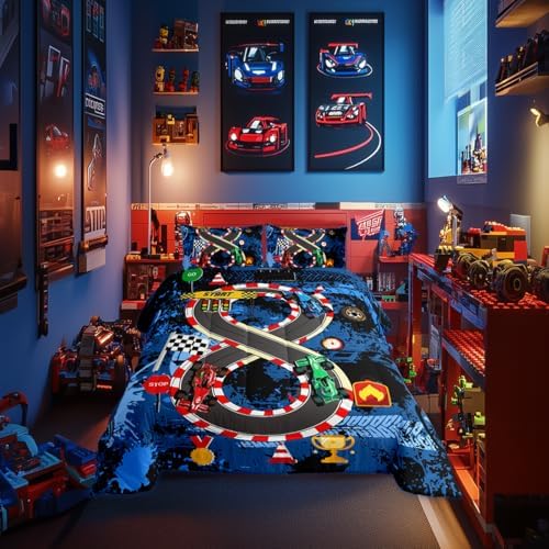 King Size Comforter Sets for Boys Kids,Racing Car Bedding Comforter Sets,Cars Bedding for Teens Men,Cars Lover Bedding,Cool Race Cars Quilt Bed Set with 1 Comforter 2 Pillowcases(Blue Red)