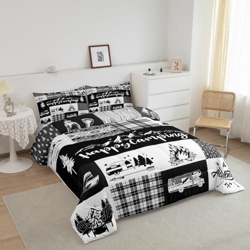 Castle Fairy Camper Patchwork Comforter Set Queen Size,RV Happy Camping Hunting Adventure Bedding Set for Women Adult,Travel Trailers Decor Boho Aztec Exotic Luxury Bed Duvet Insert, 2 Pillowcases