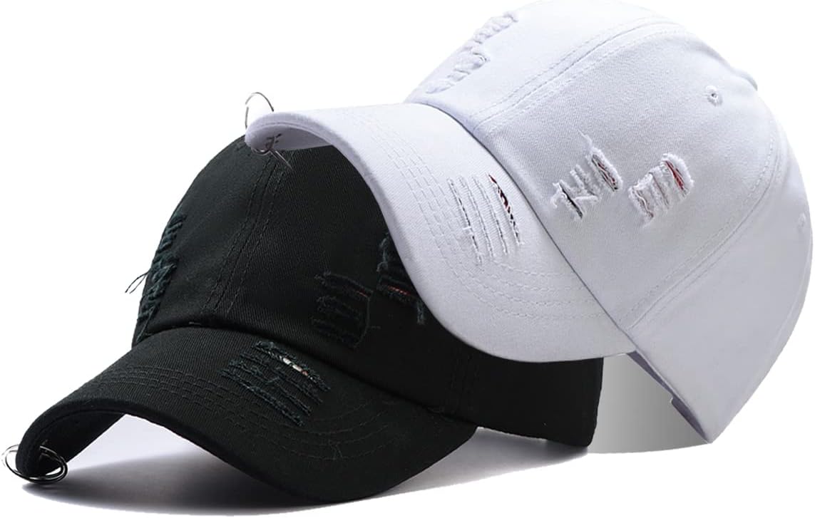 Unisex Ripped Distressed Denim Ring Baseball Cap Hip Hop Vintage Dad Hat Adjustable