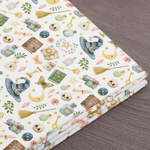 Magic Gothic Fabric by The Yard Cartoon Books Skull Butterfly Soft Polyester Sewing Fabric Sun Moon Stars Exotic No Stretch Durable Material for DIY Art Craft Making 1 Yard Pre-Cut,36" L x 59" W