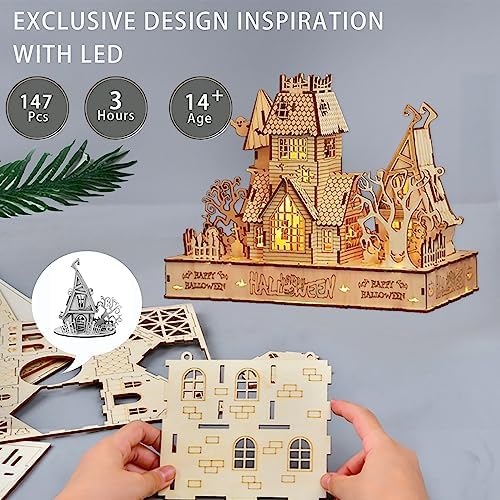 3D Wooden Halloween Haunted House Puzzles, Wood Creative Glow in The Dark Haunted House Puzzle, Assembly Model Building Kits to Build for Adults, Halloween Decor Model Kits