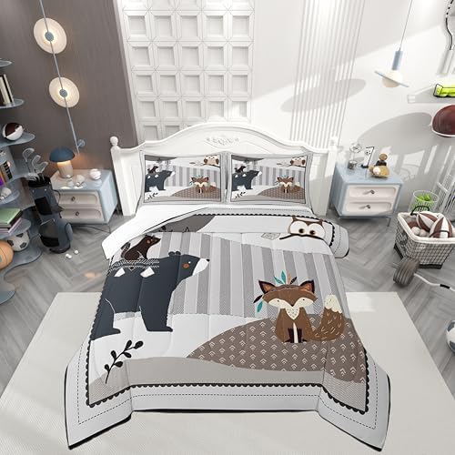 Cartoon Animal Bedding Comforters King Size,Cute Bear Owl Fox and Plant Comforter Set for Children Xmas Gift,Exotic Indian Style Quilt Set Bedroom Decor, 2 Pillowcases