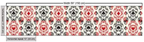 Lunarable Skull Fabric by The Yard, Playing Card Themed Skeleton Head Ace of Spades Diamonds Hearts Victorian, Decorative Fabric for Upholstery and Home Accents, 1 Yard, Vermilion Black
