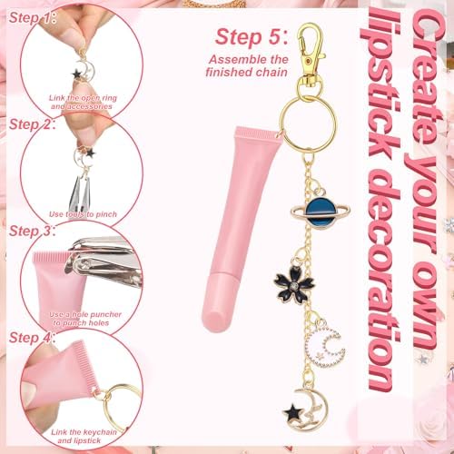 VioraWhite 213 Pcs Keychain Making Kit Bag Charm Kit Stylish Lip Gloss Keychain Making 100 Pink Enamel Charms 32.81 ft Gold Chains for DIY Crafts Women