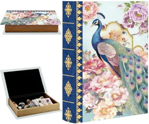 Faux Book Storage Box Floral 9.1 x 5.9 x 2 Inch Book Trinket Boxes Peacock Flower Pattern Decorative Storage Organizers for Jewelry Trinket Wedding Keepsake Photos Home Bookshelf Decoration
