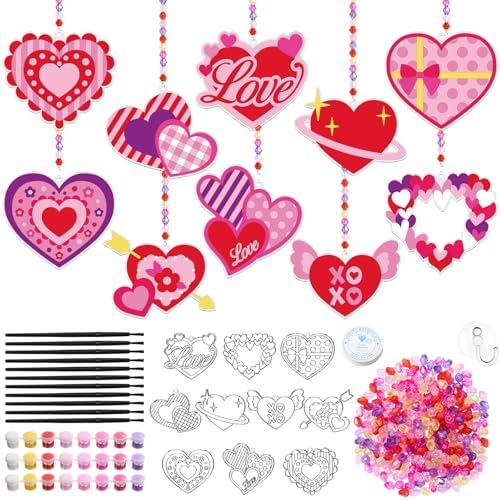 Dunzoom 30 Packs Valentine's Day Crafts, Heart Suncatcher Kit for Window Art, DIY Valentines Stained Glass Effect Painting Craft Kits, Classroom Valentine Gifts Party Favors Decorations