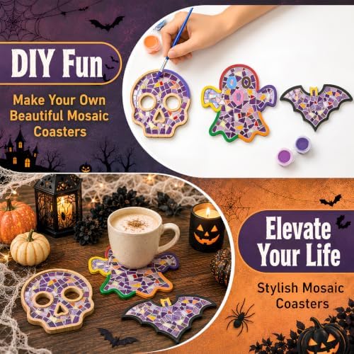 6 PCS Halloween Coasters, Mixed Color DIY Glass Mosaic Tiles for Crafts