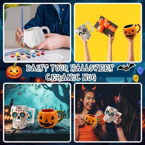 LOYIM Set of 4 Halloween Ceramic to Paint, Pumpkin Skeleton Painting Mug