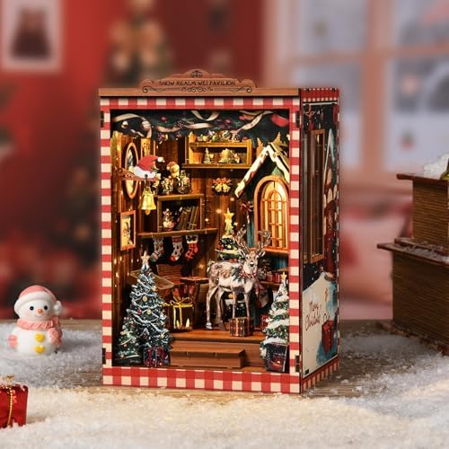 DIY Mini Book Nook Kit, Snow Realm Wei Pavilion 3D Wooden Puzzle with LED Lights, Christmas Themed Bookshelf Decor, 161 Pcs Adult Craft Model for Home & Gift