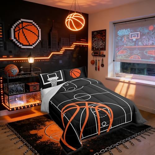 Castle Fairy Basketball Court Print Bedding Set for Boys Girls,Ball Sports Games Themed All Season Cozy Comforter Set Full Size,Orange Basketball and Hoop Duvet Set Home Decor,Children Birthday Gift