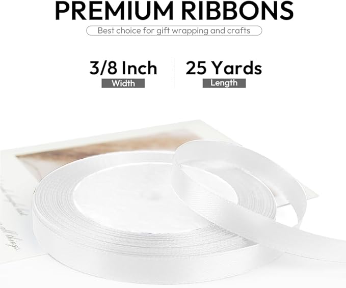 3/8 Inch 25 Yards Satin Ribbon White, Solid Color Fabric Ribbon - Image 2
