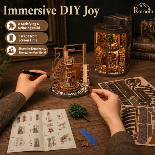 Roroom DIY Miniature House Kit, Vintage Circular Library Book Nook Kit