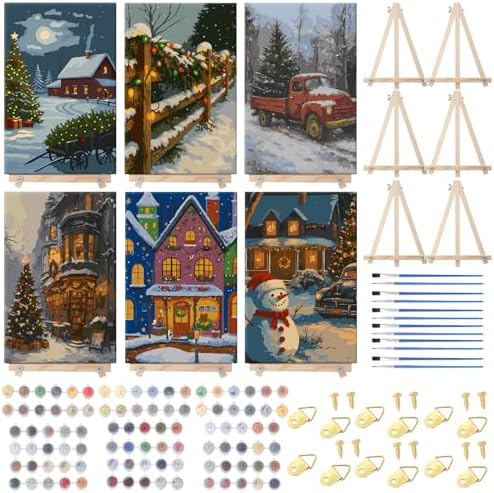YooNotee 6 Pcs Winter Wonderland Paint by Numbers Kit for Adults 12x8 Inch Christmas Themed Canvas with Easel, DIY Oil Painting for Beginners, Home Wall Decor