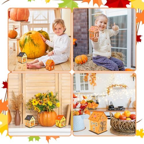 Fennoral 14 Pack Wooden Fall House Craft for Kids Make You Own Fall Animals House DIY Paint Fall Art and Craft for Autumn Art Projiect Thanksgiving Party Decoration