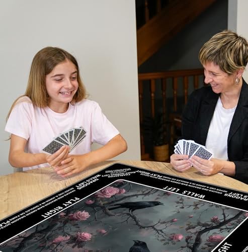 Dark Academia Gothic Raven Mahjong Mat 31.5 x 31.5 Inch, Dark Cottagecore Rose Floral Non-Slip Noise Reduction Mahjong Table Mat for American Mah Jong Poker Card Board Games Dominoes