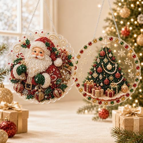 2 PCS Christmas Pearl Diamond Painting Suncatcher Kit, DIY Craft (#A, 8in)