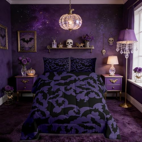 Castle Fairy Halloween Themed Comforter Set Full Size,Black Bats Animal Print Bedding Comforters Room Decor,Dark Purple Color Quilt Set with 2 Pillowcases,Teens Present