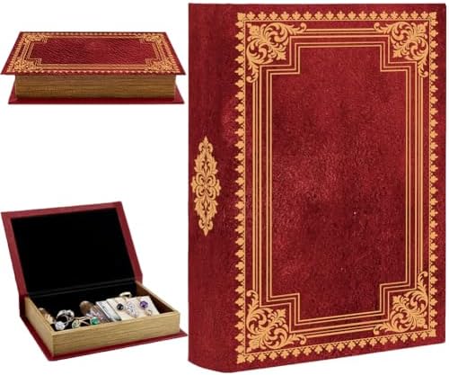 Vintage Book Shaped Storage Box 9.1 x 5.9 x 2 Inch Faux Book Trinket Box Red Retro Pattern Decorative Storage Organizers for Jewelry Trinkets Wedding Keepsake Photos Home Bookshelf Decor