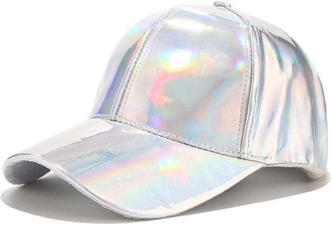 Women Men Faux Leather Baseball Cap Glitter Metallic Holographic Rainbow Reflective Hip Hop Adjustable Strapback Peaked Hat Silver