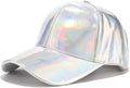 Women Men Faux Leather Baseball Cap Glitter Metallic Holographic Rainbow Reflective Hip Hop Adjustable Strapback Peaked Hat Silver