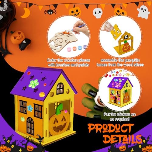 Fennoral 7 Pack Wooden Pumpkin House Craft for Kids Make You Own 3D Halloween House DIY Paint Art and Craft for Classroom Art Projiect Halloween Party Decoration