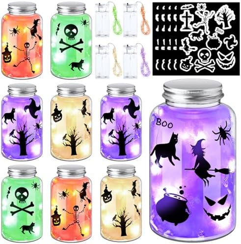 FoldTier 8 Pack DIY Halloween Mason Jar Craft Kit Set, Plastic Lantern Jar