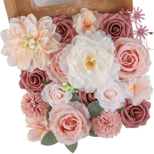 Floweroyal Artificial Flowers Combo Pink Flowers Mix Silk Flowers Dahlia Roses with Stems for DIY Wedding Bridal Bouquets, Baby Shower, Floral Arrangement, Table Centerpieces, Home Decorations