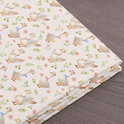 Cute Goose Fabric by The Yard,Kawaii Goose Farm Animal Soft Polyester No Stretch Fabric,Rustic Flowers Leaves Decorative Fabrics,Beige Crafts & Sewing Supplies,1 Yard,36" Lx59 W