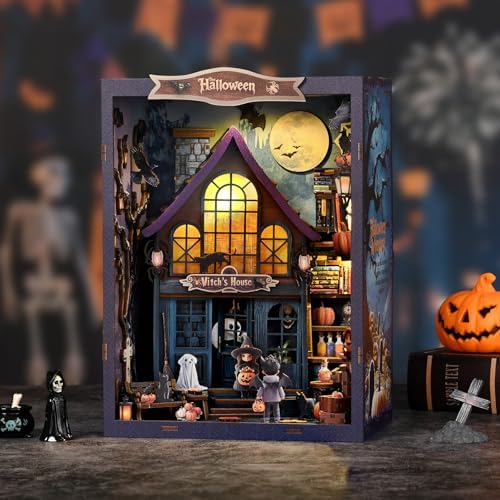 Book Nook Kit Halloween Mini House Kit - 3D Wooden DIY Castle with LED Lights, Spooky Bookshelf Decor for Teens and Adults