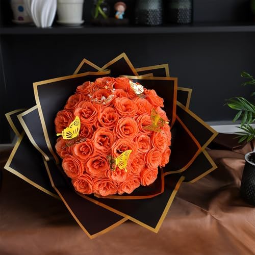 Orange Glitter Flowers Bouquet, Fake Roses Bouquet 16 Pcs DIY Glitter Rose Bouquet Kits Birthday Gifts for Women Mom Mothers Day Anniversary Graduation