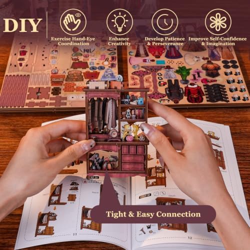 fifijoy Theatre Dressing Room DIY Book Nook Kit - DIY Miniature Dollhouse Book Nook Kit, Classic Theater 3D Wooden Puzzle Model Bookshelf Insert Decor, Gift for Craft Lovers (with Yellow Light)