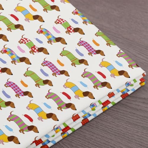 Cartoon Dachshund Fabric by The Yard,Colorful Grid Plaid Soft Polyester No Stretch Fabric,Lovely Dogs Puppies Decorative Fabrics,Green White Crafts & Sewing Supplies,1 Yard,36" Lx59 W