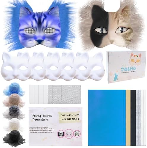 J6&H6 31 Pcs DIY Therian Mask Kit with Exclusive Ghost Stickers, Blank Cat Mask,Fabric Sheet, Faux Fur and Eye Mesh Suitable for Christmas Ghost Role-Playing Parties(Blue)