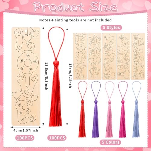 200 Pcs Valentine Wood Bookmarks to Color Bulk, Color Your Own with Tassels