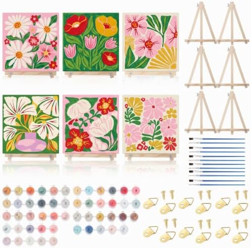 YooNotee 6 Pack Flowers Paint by Numbers Kit on Canvas with Wooden Easels & Brushes, 8x8 Inch Canvas Art Set for Adults DIY Flowers Acrylic Painting for Home Wall Decor