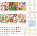 YooNotee 6 Pack Flowers Paint by Numbers Kit on Canvas with Wooden Easels & Brushes, 8x8 Inch Canvas Art Set for Adults DIY Flowers Acrylic Painting for Home Wall Decor