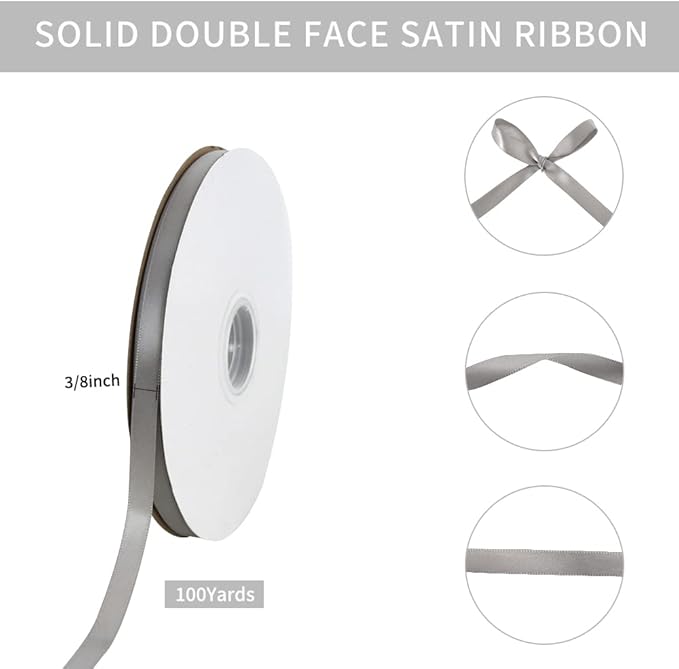 TONIFUL 3/8 Inch x 100yds Silver Satin Ribbon Thin Solid Fabric Ribbons Roll - Image 2