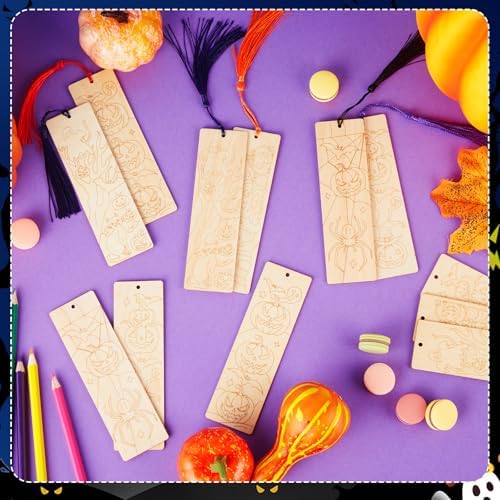 200 Pcs Halloween Wood Bookmarks to Color Bulk, Color Your Own with Tassels