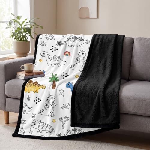 DIY Dinosaur Coloring Blanket with 24 Markers, Color Your Plush Fleece Throw, Arts & Crafts Gifts for Kids Boys Girls, Black Fluffy Backing (DIY Dinosaur)