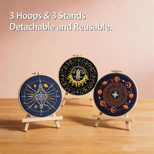 Qupace 3 Pcs Halloween Black Celestial Embroidery Kit, Star Moon Hand Embroidery Set with Bamboo Hoop, DIY Boho Cosmic Craft Supplies for Wall Decor Gift