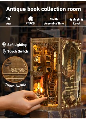 Magic Retro Library Bookend - 3D Wooden Bookshelf Decor with LED Lights for Vintage Study Room