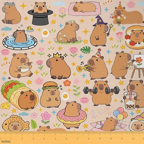 Castle Fairy Cute Capybaras Fabric by The Yard Kawaii Capybara Lovers Soft Polyester No Stretch Fabrics for Chairs Sofa Cartoon Rodent Animals Decorative Sewing Fabric,1 Yard,36" L x 59" W Brown