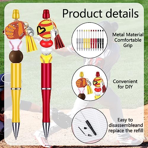 Jutom 12 Pcs Sports Beadable Pens Plastic Baseball Bead Pens Included 50 Pcs Colorful Beads 12 Tassels 12 Pendants Assorted Colors Bead for Gifts School Office DIY Making Kit Supplies