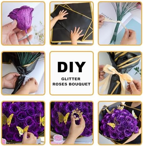 CCYXSHOW Purple Glitter Flower Roses Bouquet Kit - 24 Pack DIY Fake Shiny Rose with Stems Butterfly Crown Eternal Floral for Elegance Wedding Bouquet Gift for Birthday, Valentine's Day, Mother's Day
