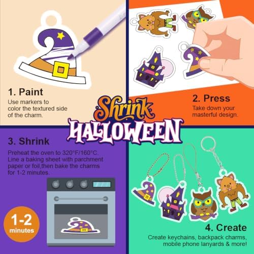 Yrinfay DIY Halloween Shrinking Plastic Art Kit - 44 Pre-Cut Shapes, 12 Markers & Accessories - Make Charms, Keychains & Tags - No-Mess Craft for Kids - Birthday Gift with Shrinking Plastic Sheets