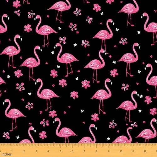 Flamingo Flannel Fabric By The Yard, Tropical Summer Exotic Birds Decorative Fabric for Upholstery and Home Accents Romantic Hawaiian Bird, Cartoon Style DIY, Pink Black Soft Not Stretchy 10 Yards
