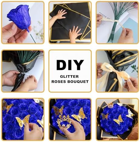 Blue Glitter Rose Bouquets, Fake Roses Bouquet 16 Pcs DIY Glitter Rose Bouquet Kits Birthday Gifts for Women Mom Mother's Day Anniversary Graduation